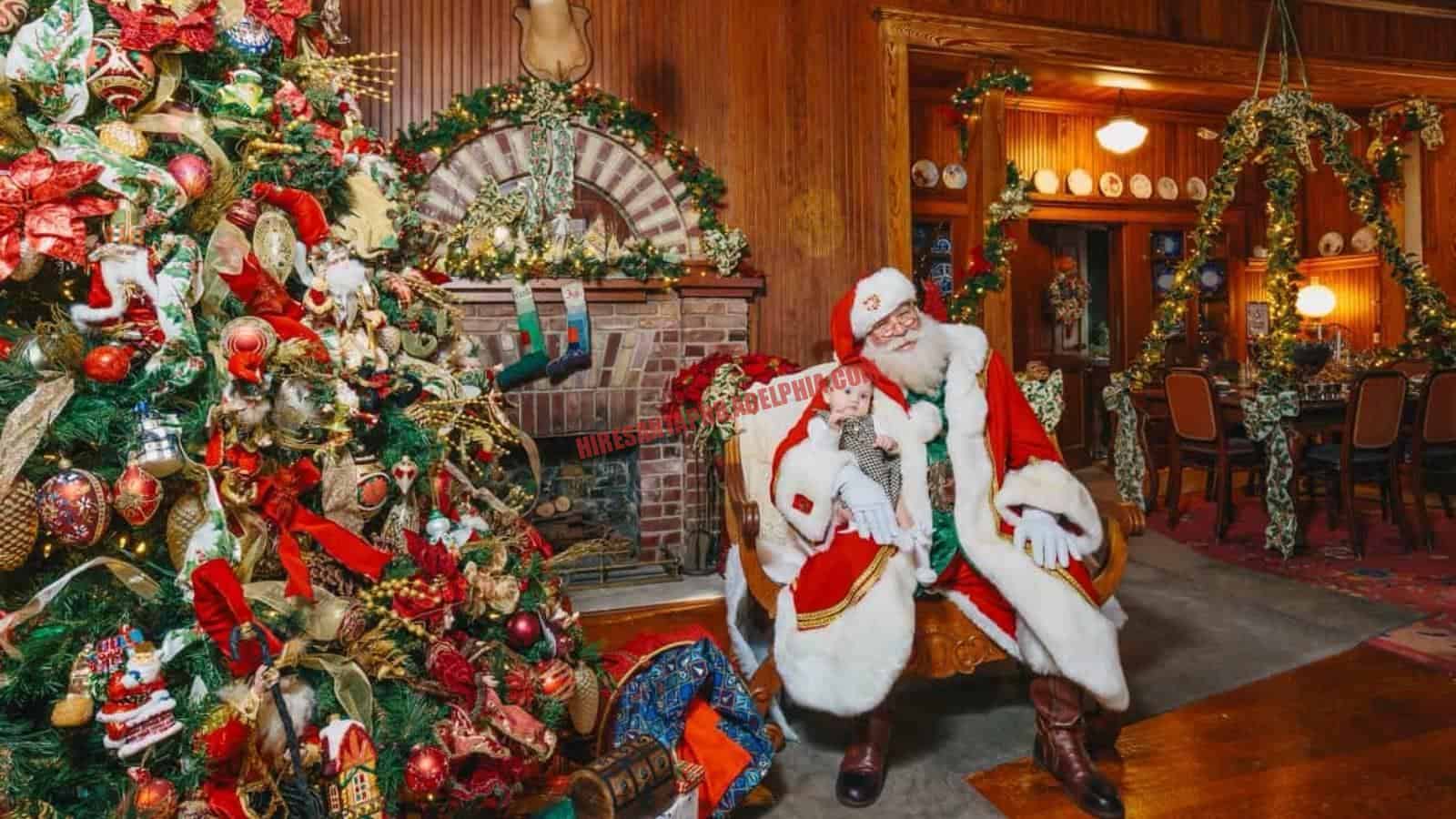 Santa Claus for hire in Philadelphia, PA seated by a fireplace and tree, holding a baby.