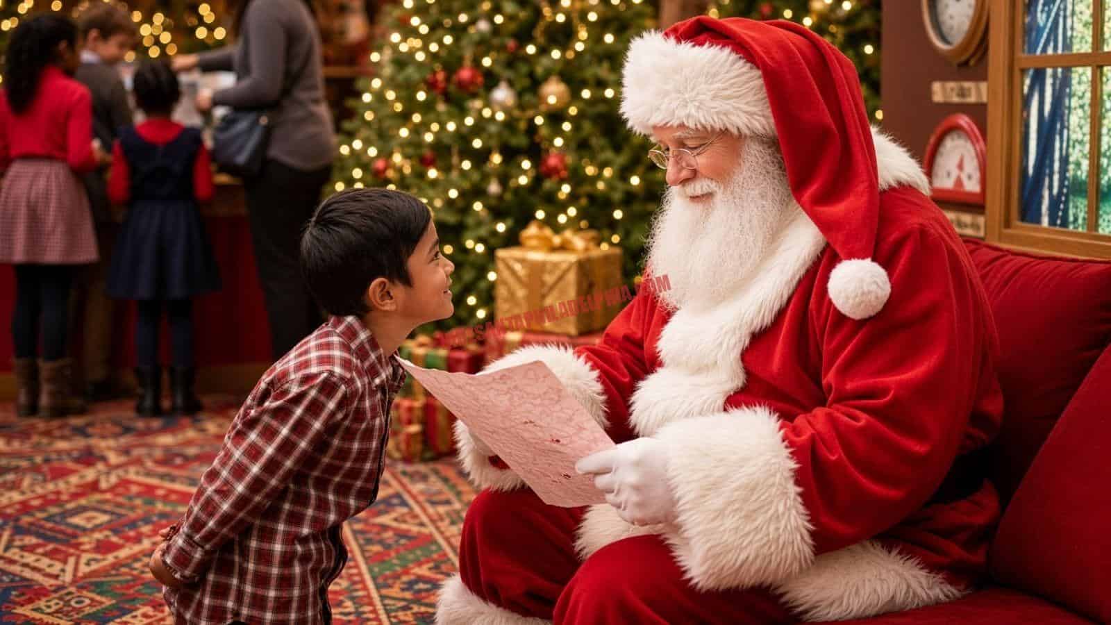 Professional Santa for hire in Philadelphia on a red couch reading a letter next to a child and a lit tree.